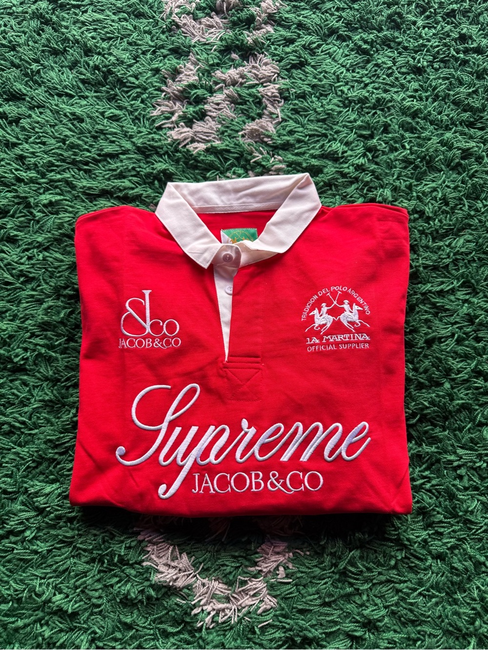 Supreme Red Kids Polo with White Collar and Embroidered Logos